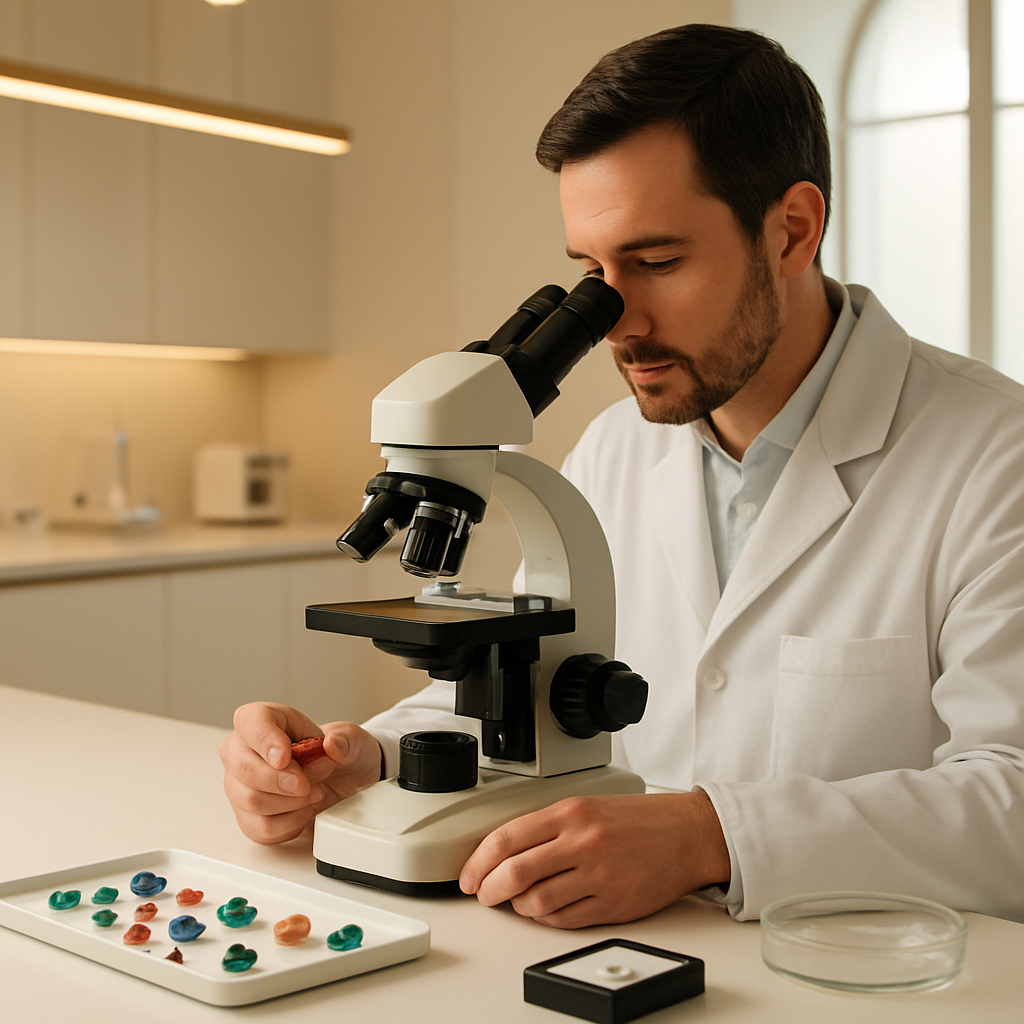 Gemologist examining a stone under a microscope at Global Lab